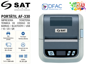 IMPRESORA TICKETERA TÉRMICA PORTÁTIL SAT AF330 / 1D / 2D / QR / USB / BLUETOOTH / MEMORIA RAM 8 MB