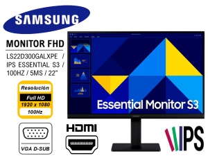 MONITOR SAMSUNG LS22D300GALXPE IPS ESSENTIAL S3 / FHD / 100HZ / 5MS / 22"