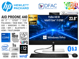 AIO HP PROONE 440 G9 I7-12700T / 16GB / SSD1TB / WINDOWS 11 PRO / 23.8" PULGADAS / WIFI / HDMI / USB / BLUETOOTH / 700J7LS#ABM