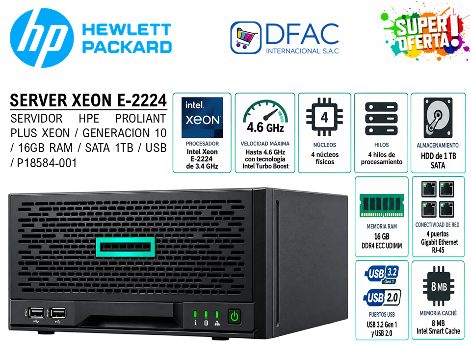 SERVIDOR MINI SERVER HPE PROLIANT GENERACIÓN10 PLUS XEON E-2224 / 3.4 GHZ / MEMORIA 16 GB RAM / SATA 1TB / P18584-001