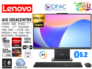 AIO LENOVO IDEACENTRE 27ARR9 AMD RYZEN 7- 7735HS / 16GB / 512GB SSD / FREEDOS / WIFI / USB / HDMI / BLUETOOTH / 27″ PULGADAS / F0HQ0096LD