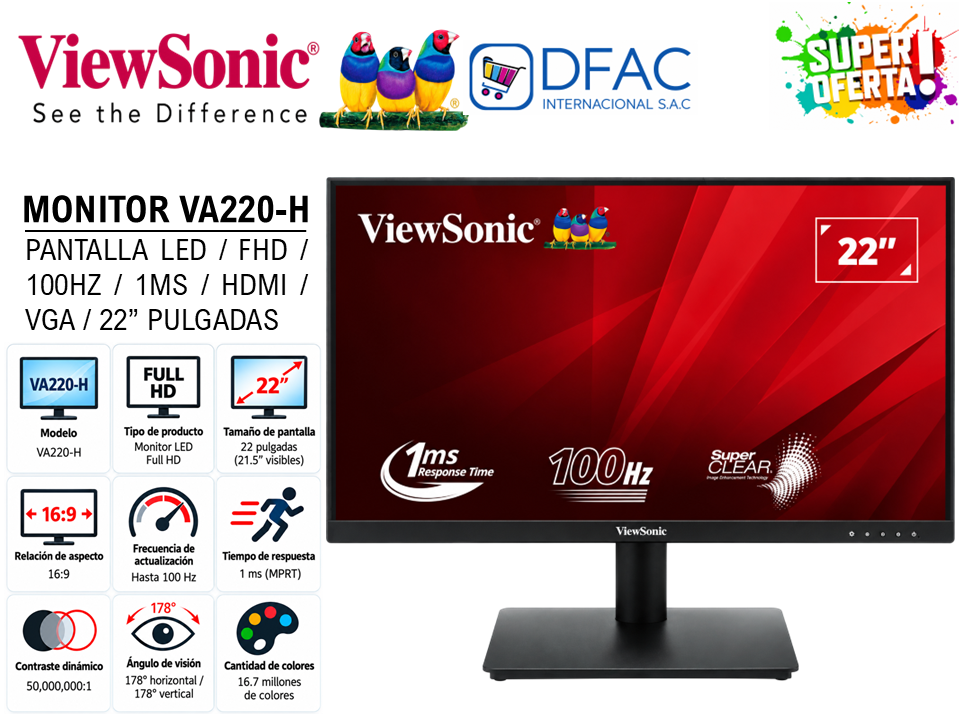 MONITOR VIEW SONIC LED VA220-H / FHD / 100HZ / 1MS / HDMI / VGA / 22″ PULGADAS
