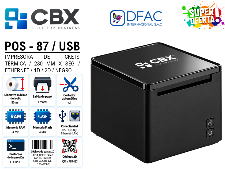 IMPRESORA TÉRMICA TICKETERA CBX POS-87 DE 80 MM / USB / ETHERNET / 230 MM X S / 1D / 2D / CON CORTADOR AUTOMÁTICO / COLOR NEGRO