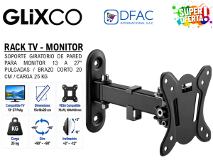 RACK SOPORTE GIRATORIO DE PARED PARA TV Y MONITOR 13 A 27 PULG / BRAZO CORTO 20 CM / CARGA 25 KG