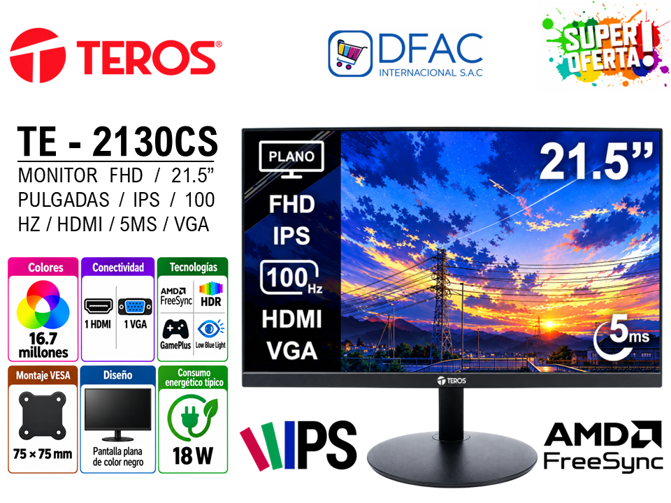 MONITOR LED TEROS TE-2130CS / 21.5" PULGADAS / FULL HD / IPS / 100HZ / 5MS / HDMI / VGA / NEGRO