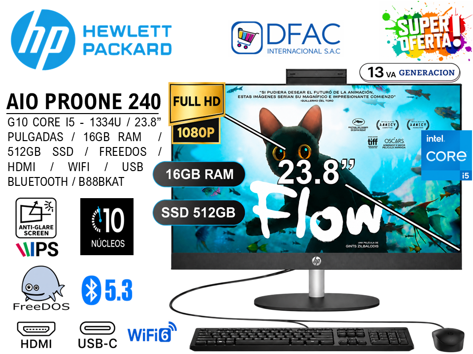 AIO HP PROONE 240 G10 CORE I5 - 1334U / 16GB RAM / 512GB SSD / FREEDOS / 23.8" PULGADAS / WIFI / HDMI / BLUETOOTH / USB / B88BKAT