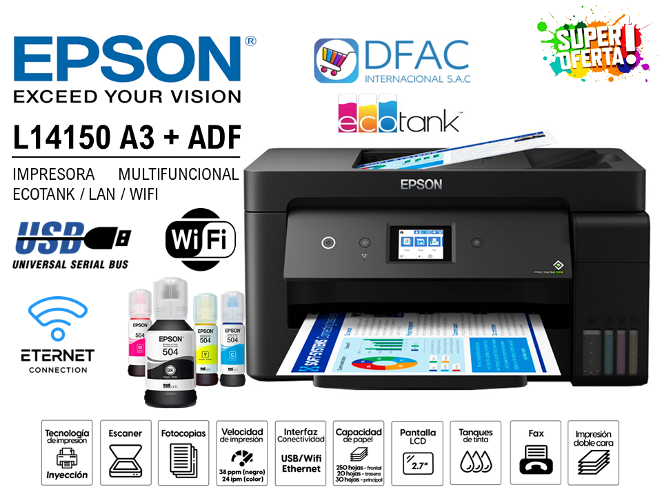 IMPRESORA MULTIFUNCIONAL EPSON ECOTANK L14150 A3 + ADF / LAN / WIFI