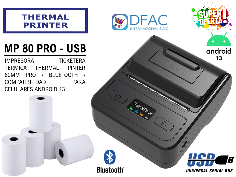 IMPRESORA TICKETERA TÉRMICA PORTATIL THERMAL PRINTER MP 80 PRO / 80 MM / USB / BLUETOOTH