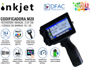 CODIFICADORA FECHADORA MANUAL INKJET M20 / 2.54 CM DE ALTURA DE IMPRESIÓN / CÓDIGO DE BARRAS 1D / 2D