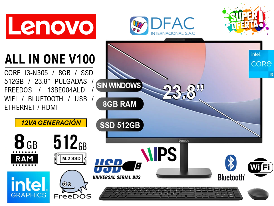 AIO LENOVO V100 CORE I3-N305 / 8G RAM / SSD 512GB / 23.8" PULGADAS / FREEDOS / BLUETOOTH / USB / WIFI / 13BE004ALD / 12VA GENERACIÓN