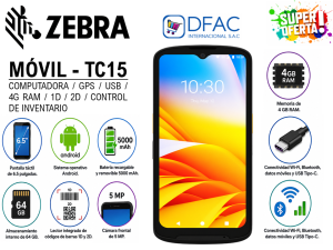 CELULAR COMPUTADORA MÓVIL ZEBRA TC15 / 6.5" PULGADAS DE PANTALLA / LECTOR CÓDIGO DE BARRAS 1D / 2D / CÁMARA POSTERIOR 13 MP / WIFI / BLUETOOTH / 4 GB RAM / CONTROL DE INVENTARIO