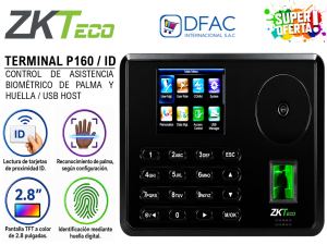 CONTROL DE ASISTENCIA IP Y ACCESO ZKTECO P160 / 2.8" PULGADAS / TFT 3000 / HUELLA DIGITAL Y TARJETAS / ID / ADMS / RED / USB