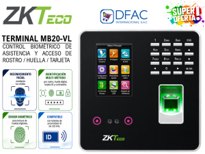 CONTROL DE ASISTENCIA TERMINAL ZKTECO MB20-VL / ID ACCESO / LUZ VISIBLE / HUELLA / ROSTRO / TARJETA / LAN / ADMS