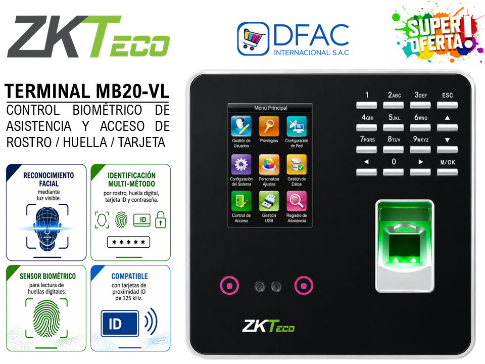 CONTROL DE ASISTENCIA TERMINAL ZKTECO MB20-VL / ID ACCESO / LUZ VISIBLE / HUELLA / ROSTRO / TARJETA / LAN / ADMS