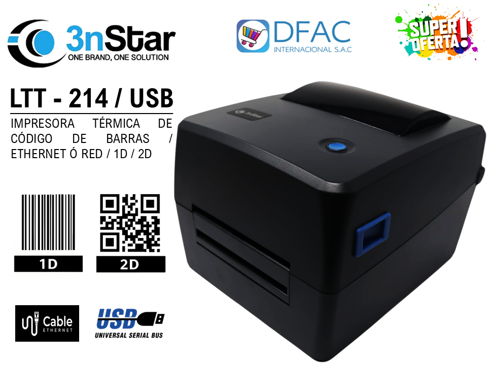 IMPRESORA TÉRMICA DE CÓDIGO DE BARRAS 3NSTAR LTT-214 / ETHERNET Ó RED / USB / 1D / 2D