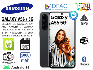CELULAR SAMSUNG GALAXY A56 / PANTALLA 6.7" FHD AMOLED / CÁMARA POSTERIOR 50 MP, 12 MP Y 5 MP / 5G / MEMORIA INTERNA 256GB / MEMORIA RAW 12GB / ANDROID 15