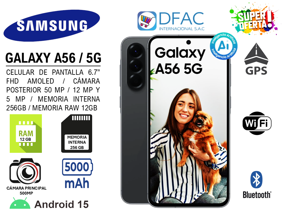 CELULAR SAMSUNG GALAXY A56 / PANTALLA 6.7" FHD AMOLED / CÁMARA POSTERIOR 50 MP, 12 MP Y 5 MP / 5G / MEMORIA INTERNA 256GB / MEMORIA RAW 12GB / ANDROID 15