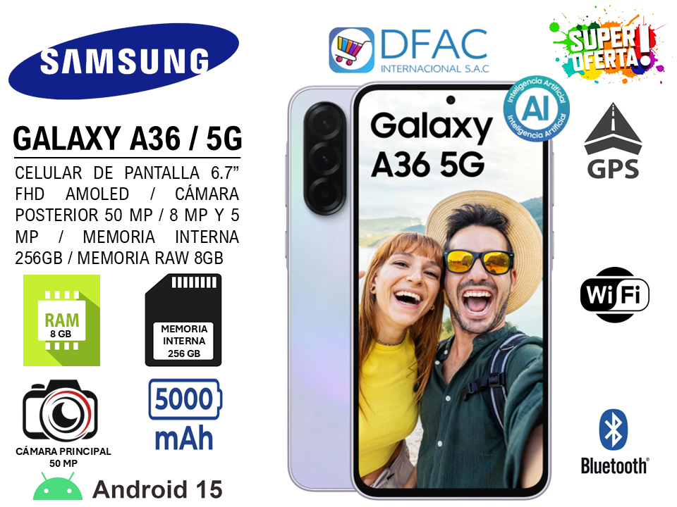 CELULAR SAMSUNG GALAXY A36 / PANTALLA 6.7″ FHD AMOLED / CÁMARA POSTERIOR 50 MP, 8 MP Y 5 MP / 5G / MEMORIA INTERNA 256GB / MEMORIA RAW 8GB / ANDROID 15