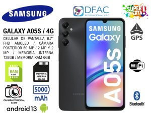 CELULAR SAMSUNG GALAXY A05S / PANTALLA 6.7″ FHD AMOLED / CÁMARA POSTERIOR 50 MP, 2 MP Y 2 MP / 4G / MEMORIA INTERNA 128GB / MEMORIA RAM 6GB / ANDROID 13
