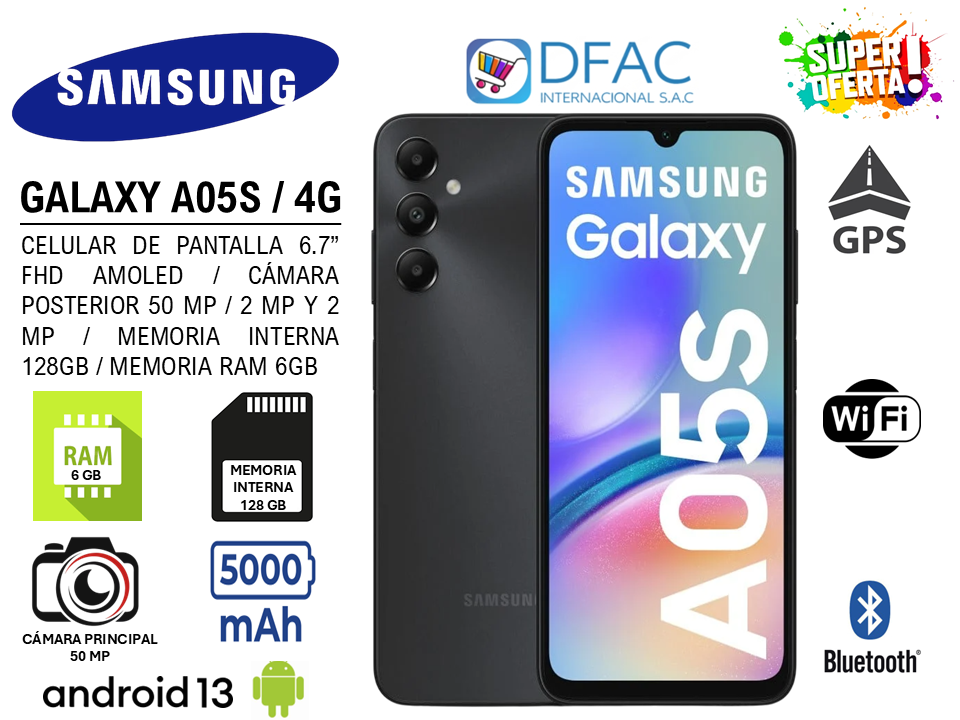 CELULAR SAMSUNG GALAXY A05S / PANTALLA 6.7″ FHD AMOLED / CÁMARA POSTERIOR 50 MP, 2 MP Y 2 MP / 4G / MEMORIA INTERNA 128GB / MEMORIA RAM 6GB / ANDROID 13