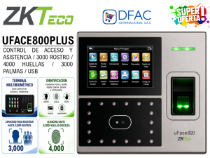 CONTROL DE ACCESO Y ASISTENCIA ZKTECO UFACE800PLUS / 3000 ROSTRO / 4000 HUELLAS / 3000 PALMAS / TCPIP / USB / SIN CONTACTO