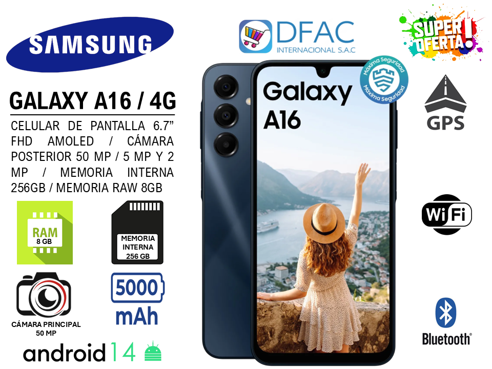 CELULAR SAMSUNG GALAXY A16 / PANTALLA 6.7″ FHD AMOLED / CÁMARA POSTERIOR 50 MP, 5 MP Y 2 MP / 4G / MEMORIA INTERNA 256GB / MEMORIA RAM 8GB / ANDROID 14