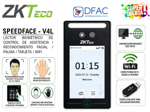 CONTROL DE ASISTENCIA LECTOR BIOMÉTRICO SPEEDFACE-V4L / RECONOCIMIENTO FACIAL / PALMA / TARJETA / USB HOST / WIFI