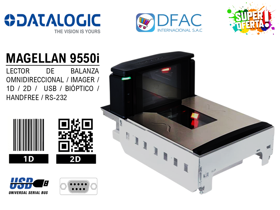 LECTOR DE BALANZA OMNIDIRECCIONAL DATALOGIC MAGELLAN 9550i / IMAGER / 1D / 2D /  USB / BIÓPTICO / HANDFREE / RS-232
