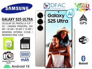 CELULAR SAMSUNG GALAXY S25 ULTRA / PANTALLA 6.9″ / 5G / CÁMARA PRINCIPAL 200 MP, 50 MP, 50 MP Y 10 MP / MEMORIA INTERNA 512GB / MEMORIA RAM 12GB / ANDROID 15 / DUAL SIM