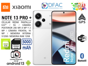 CELULAR XIAOMI REDMI NOTE 13 PRO + 5G / MEMORIA RAM 12GB / MEMORIA INTERNA 512GB / CÁMARA POSTERIOR 200 MP, 8 MP Y 2 MP / CÁMARA FRONTAL 16 MP / DUAL SIM / ANDROID 13