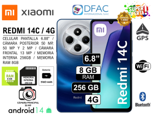 CELULAR XIAOMI REDMI 14C / 4G / MEMORIA RAM 8GB / MEMORIA INTERNA 256GB / CÁMARA POSTERIOR 50 MP, 50 MP Y 2 MP / CÁMARA FRONTAL 13 MP / DUAL SIM / ANDROID 14