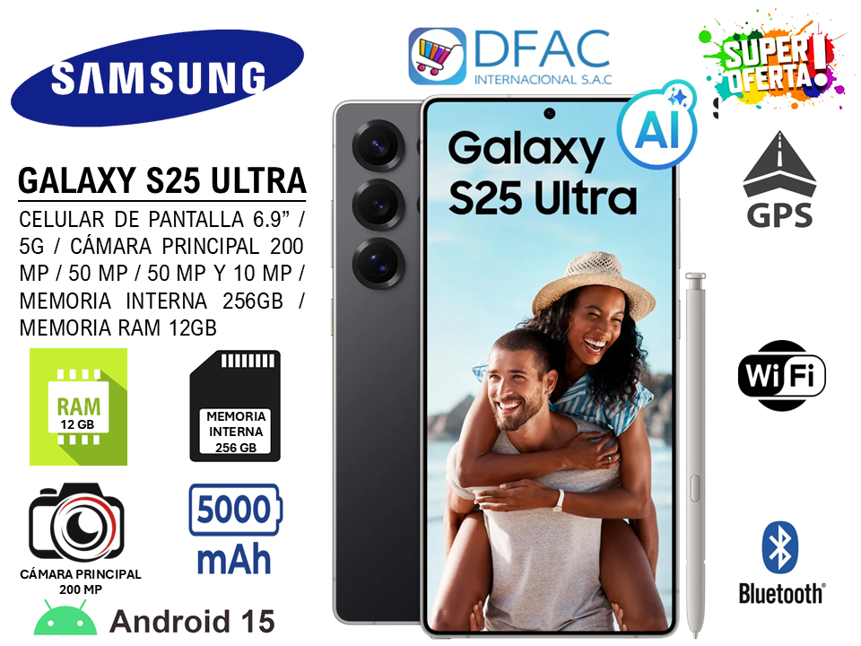 CELULAR SAMSUNG GALAXY S25 ULTRA / PANTALLA 6.9″ / 5G / CÁMARA PRINCIPAL 200 MP, 50 MP, 50 MP Y 10 MP / MEMORIA INTERNA 256GB / MEMORIA RAM 12GB / ANDROID 15 / DUAL SIM