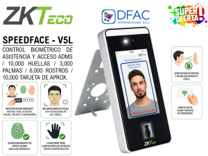 CONTROL DE ASISTENCIA TERMINAL Y ACCESO ZKTECO SPEEDFACE-V5L / 10,000 HUELLAS / 3,000 PALMAS / 6,000 ROSTROS / 10,000 TARJETAS DE PROXIMIDAD / 200,000 REGISTROS / ADMS