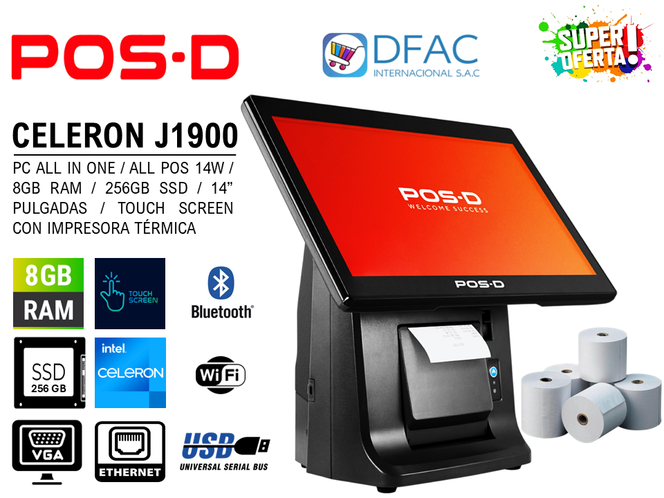 PC ALL IN ONE CELERON J1900 POS-D ALL POS 14W / 8GB RAM / 256 GB SSD / 14" PULGADAS / TOUCH SCREEN / IMPRESORA TÉRMICA INTEGRADA / CON VISOR/USB / VGA / ETHERNET