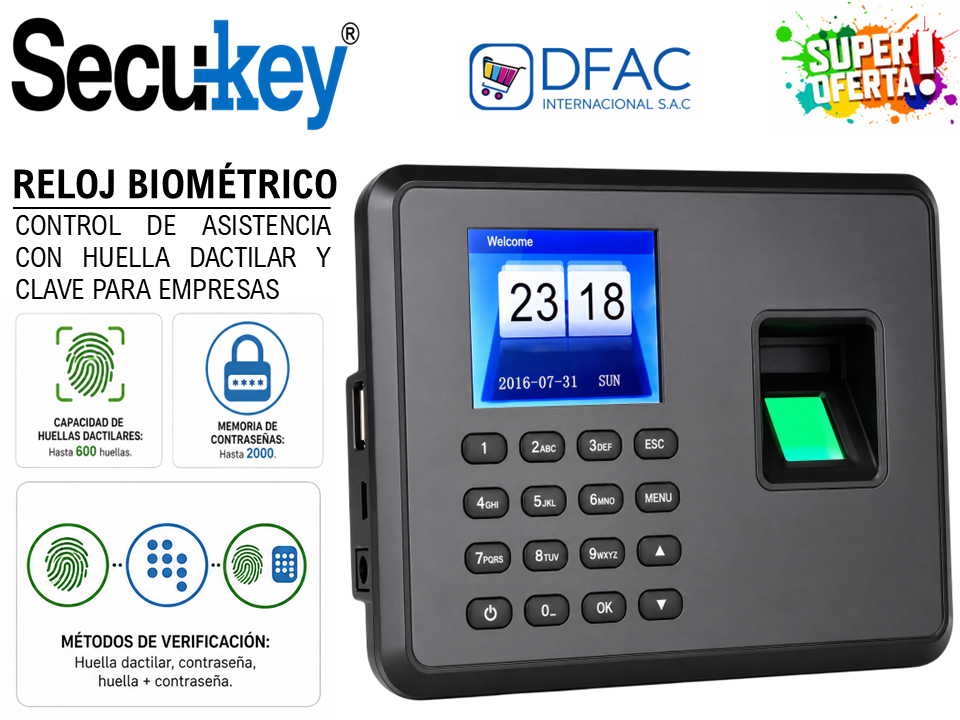 CONTROL DE ASISTENCIA RELOJ BIOMÉTRICO CON HUELLA DACTILAR Y CLAVE PARA EMPRESAS / NO NECESITA SOFTWARE