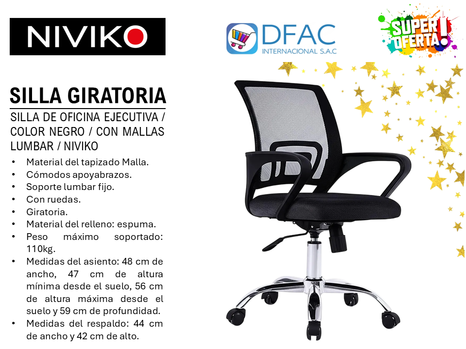 SILLA GIRATORIA DE OFICINA EJECUTIVA COLOR NEGRO CON MALLAS LUMBAR NIVIKO