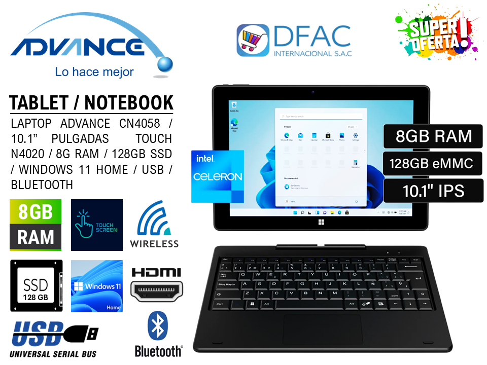 TABLET Y LAPTOP ADVANCE 2 EN 1 CN4058 / 10.1" PULGADAS TOUCH N4020 / 8GB RAM / 128GB / WINDOWS 11 HOME / USB / BLUETOOTH / WIFI