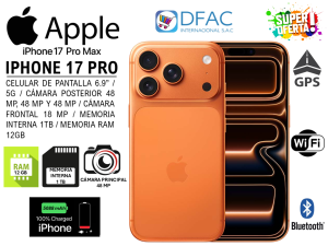 CELULAR IPHONE 17 PRO MAX / 5G / MEMORIA RAM 12GB / MEMORIA INTERNA 1TB / CÁMARA POSTERIOR 48 MP, 48 MP Y 48 MP / CÁMARA FRONTAL 18 MP / DUAL SIM