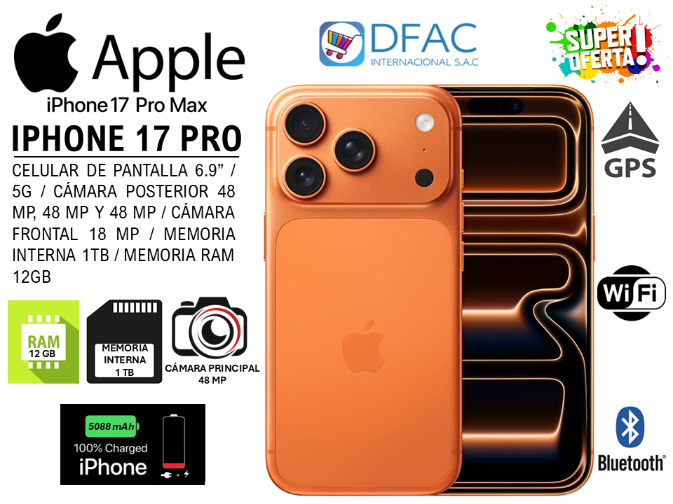 CELULAR IPHONE 17 PRO MAX / 5G / MEMORIA RAM 12GB / MEMORIA INTERNA 1TB / CÁMARA POSTERIOR 48 MP, 48 MP Y 48 MP / CÁMARA FRONTAL 18 MP / DUAL SIM