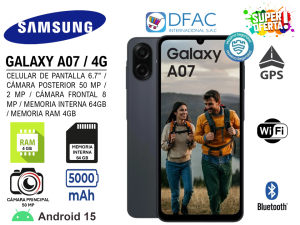 CELULAR SAMSUNG GALAXY A07 / PANTALLA 6.7″ / CÁMARA POSTERIOR 50 MP Y 2 MP / CÁMARA FRONTAL 8 MP / 4G / MEMORIA INTERNA 64GB / MEMORIA RAM 4GB / ANDROID 15