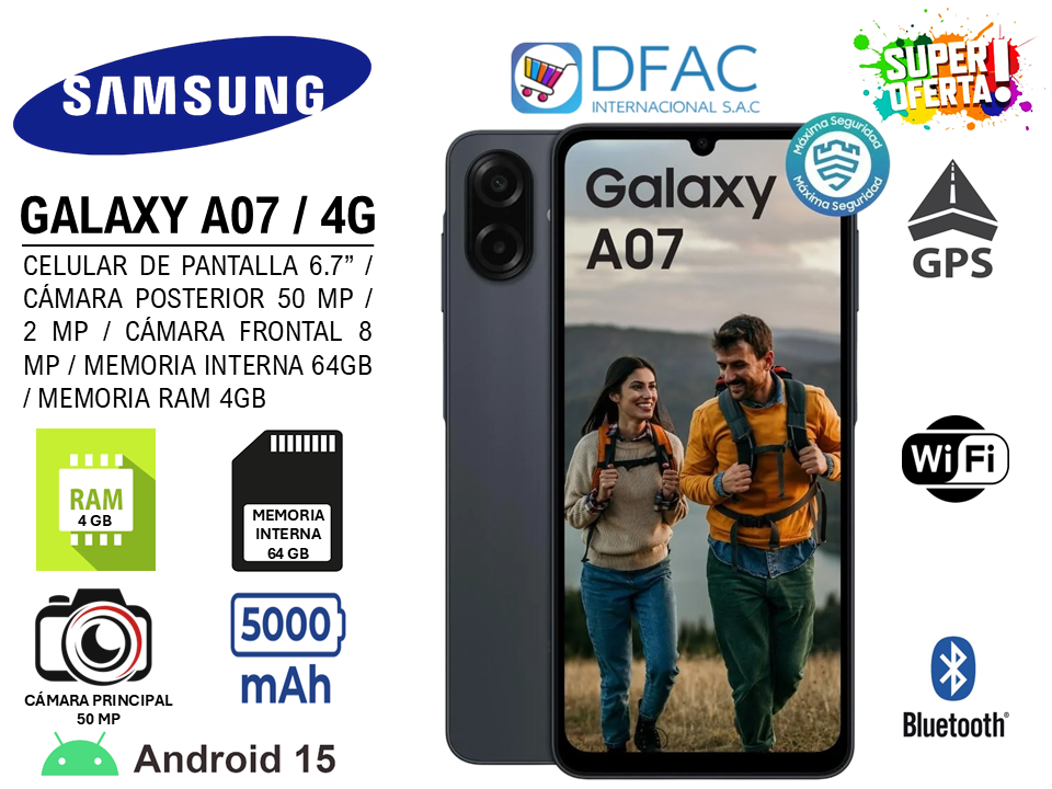 CELULAR SAMSUNG GALAXY A07 / PANTALLA 6.7″ / CÁMARA POSTERIOR 50 MP Y 2 MP / CÁMARA FRONTAL 8 MP / 4G / MEMORIA INTERNA 64GB / MEMORIA RAM 4GB / ANDROID 15