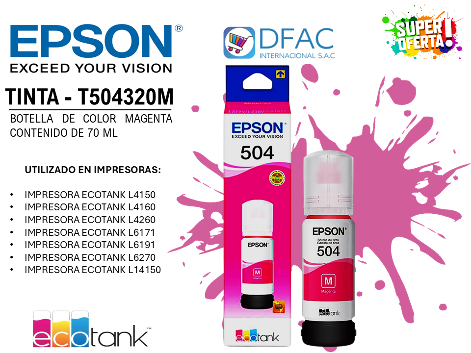 BOTELLA DE TINTA DE COLOR MAGENTA T504320M-AL / CONTENIDO DE 70 ML