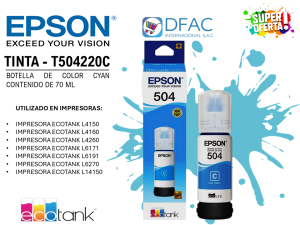 BOTELLA DE TINTA DE COLOR CYAN T504220C-AL / CONTENIDO DE 70 ML