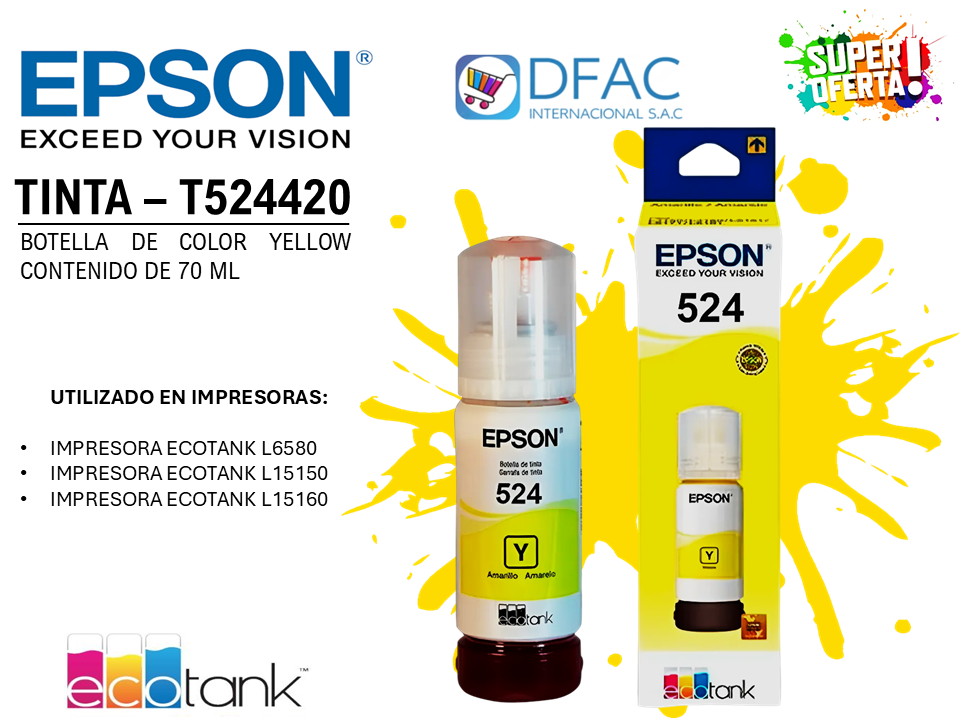 BOTELLA DE TINTA DE COLOR YELLOW T524320-AL / CONTENIDO DE 70 ML